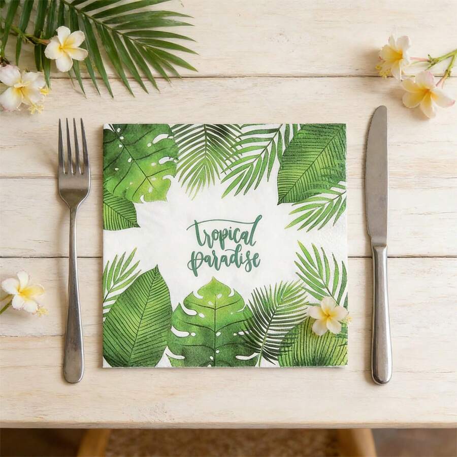 20张热带棕榈叶图案餐巾纸 - 折叠后尺寸为6.5 x 6.5英寸，绿白相间 - 热带树叶、夏威夷和丛林主题派对餐巾纸，适用于生日、婚礼、周年纪念、夏季聚会