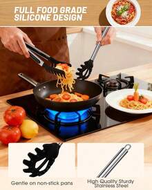 2-Piece Spaghetti Spoon And Pasta Tong With Grip Teeth And Drain Holes, Non-Stick Silicone Head With Stainless Steel Handle, Heat Resistant Utensils For Cooking, Serving, Salad And Noodles - View 4