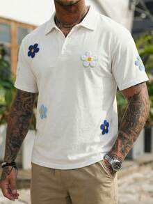 Men's Short Sleeve Polo Shirt With 3D Floral Embroidery Patch, Minimalist Design, Showcasing Y2K Streetwear , Multi-Color Daisy Pattern, Soft Fabric, Suitable For Summer Casual Parties - White - View 4