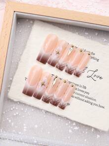 24pcs Long Coffin Shaped Press-On Nails, Pink Base With 3D Brown French Tip Embossed Design With Rhinestones, Includes 1pc Jelly Gel And 1pc Nail File, Elevate Your Style For Holidays, Daily Wear, Suitable For School, Office, Party - Brown - View 2