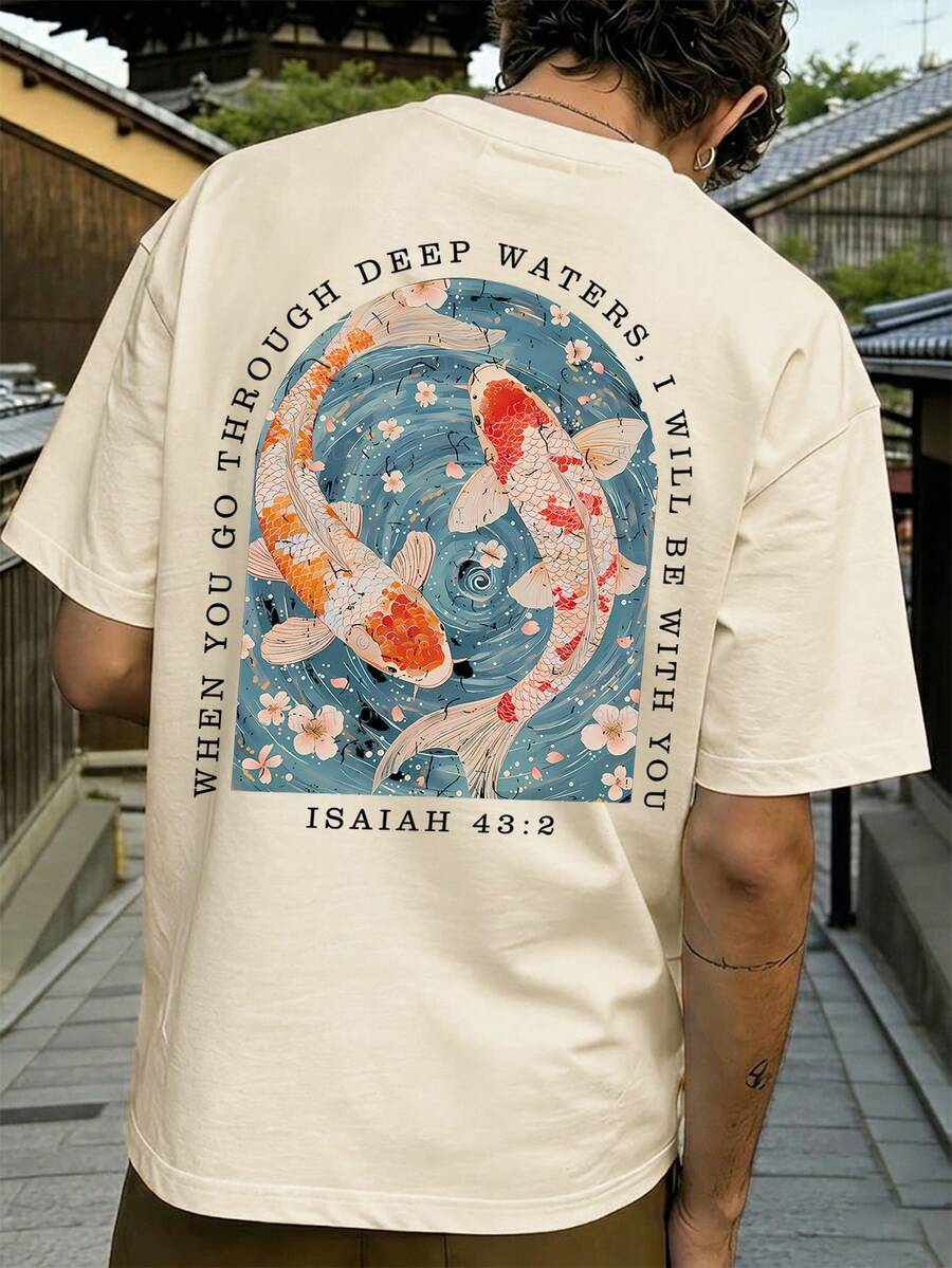 FRACTYR 男士休闲街头风宽松双鲤鱼图案圆领短袖T恤，夏季款 - 杏色 - 查看 1