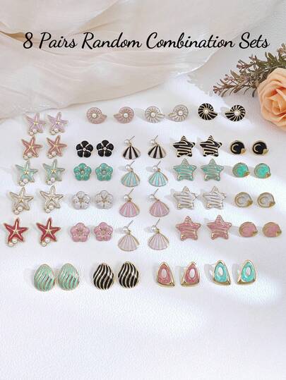 8对随机款式女士耳环，包括星形、扇贝吊坠、五瓣花、螺旋贝壳、C形新月、条纹水滴、镂空三角形等款式，不锈钢材质，防水防褪色，颜色多样：白色、黑色、粉色、酒红色、紫色，套装包含，适合夏季海滩度假佩戴。