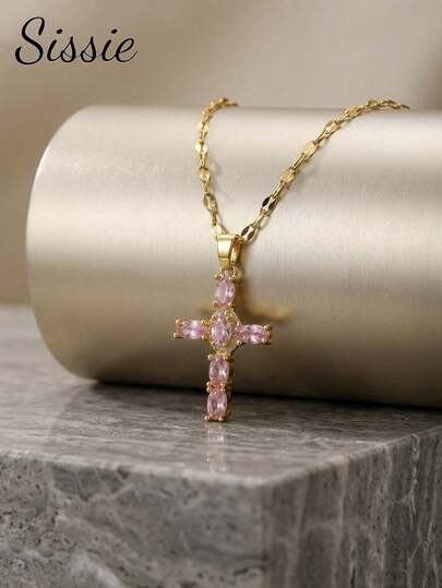 1 pieza Elegante y lujoso collar con colgante de cruz de circonita cúbica rosa, de acero inoxidable chapado en oro resistente al desgaste, adecuado para niñas, brillante y exquisito, joyería religiosa cristiana para fiestas, banquetes, fe, , primera comunión, uso diario