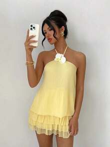 Women's Yellow Low Waist Super Short Sexy 3D Floral Camisole Backless Ruffle Hem Mini Dress, Elegant, Fashionable, Suitable For Daily Commute, Party, Carnival, Valentine's Day, New Year, Beach Vacation Summer - 淺粉色 - 查看 10