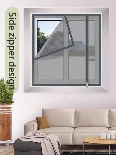 New Gray Mosquito Net Curtain With Zipper, Easy Self-Install No Drill Mesh Window Screen, Invisible Adhesive Mosquito And Insect Proof