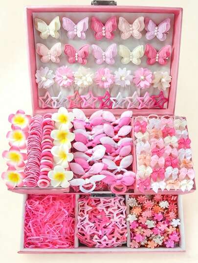 508pcs/Set Pink Pearl Butterfly Hair Clips & Accessories Set, Cute Princess Hair Ties, Elastic Durable Hair Bands, Elegant Floral Hair Claws, Fashion Versatile Duck Clips, Suitable For Party, Gift, Daily Use