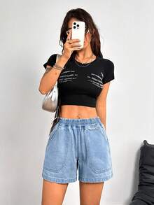 Quần short denim dáng rộng, cạp chun, phong cách Y2K dành cho bé gái. - Màu xanh lam - Xem 5