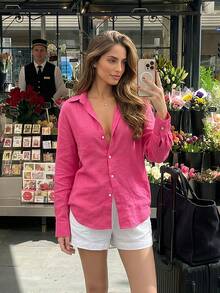 Casual Versatile Linen Loose Solid Color Shirt Spring - Hot Pink - View 6
