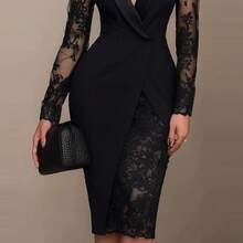 Solid Color Lace Patchwork Long Sleeved Flip Collar Casual Commuting Waist Cinched Suit Skirt Dress - màu đen - Xem 4