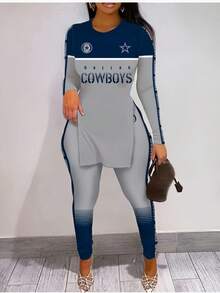 Da-Llas Cowboys Football Game High Slit Long Sleeve T Shirt And Leggings Suit Sporty Casual Wear For Autumn Winter - Màu hỗn hợp - Xem 1