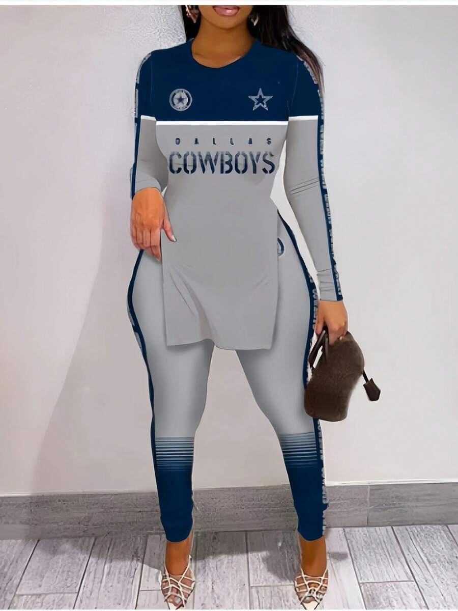 Da-Llas Cowboys Football Game High Slit Long Sleeve T Shirt And Leggings Suit Sporty Casual Wear For Autumn Winter - Màu hỗn hợp - Xem 1