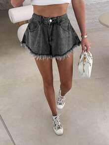 Women's Loose Waist Pockets Raw Hem A-Line Denim Shorts Black Summer - Black - View 1