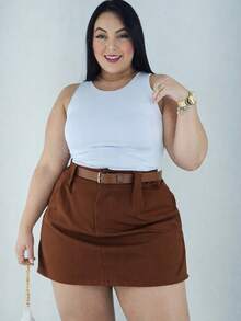 Tailored Plus Size Short Skirt With Belt In Various Colors - Summer - Rust Brown - View 2
