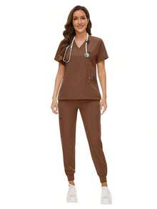 Surgical Uniforms Woman Scrub Set Nurse Beauty Salon Workwear Clinical Scrubs Top Pants Sets Spa Doctor Nursing Clinical Suit - màu nâu - Xem 9