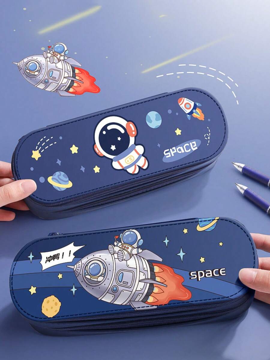 1pc Astronaut Design Double-Layer Pencil Case, High-Quality Large Capacity Stationery Box, Minimalist Cute Cartoon Pencil Pouch For Boys - Pencil Case - View 1