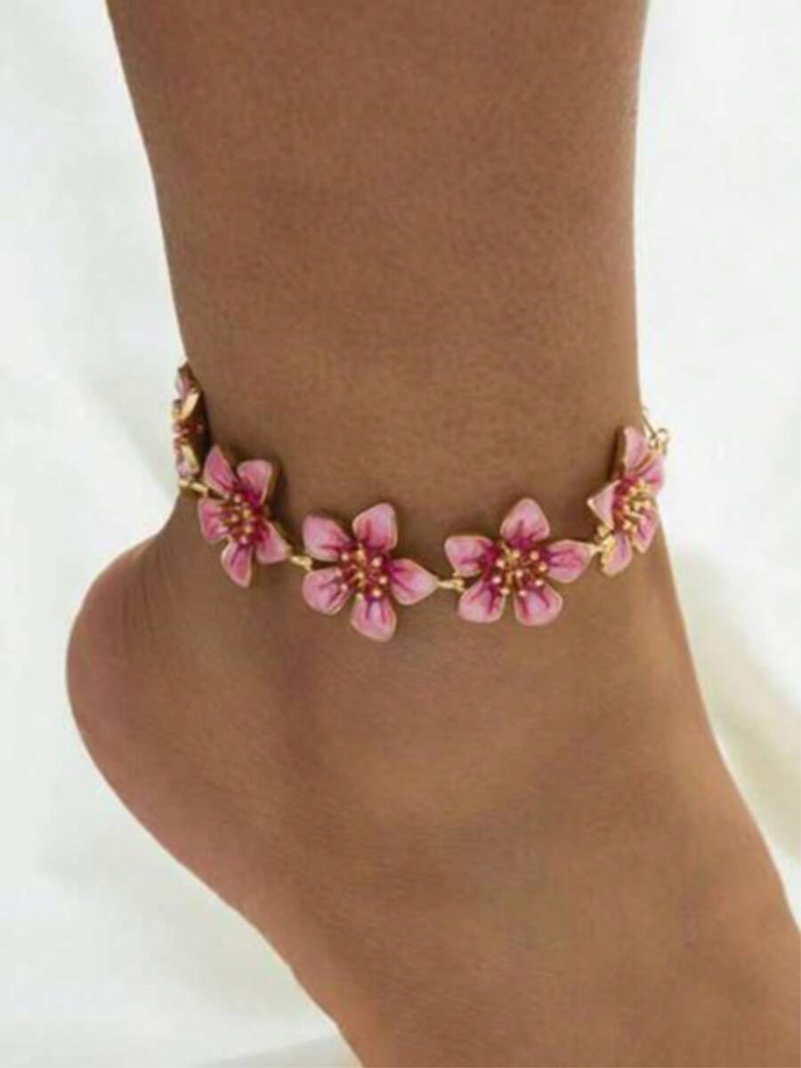 1 set Bracelet de cheville fleur rose dégradé fait main 5 pièces, style vintage, convient pour les vacances, les voyages, les sorties, le port quotidien, bijou élégant pour femmes - Rose bonbon - Voir 1
