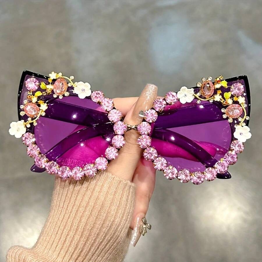 Fashionable Cat-Eye Glasses, Suitable For Both Men And Women - Purple Gradient Lenses, Paired With Large Floral And Gemstone Details, Perfect For Sparkling Parties. - 黑色 - 查看 1