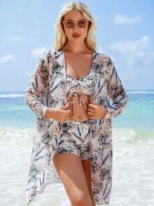 Three-Piece Floral Print Bikini Set, Boxer-Style Bottom With V-Neck And Long-Sleeved Cover-Up. - Pink - View 5