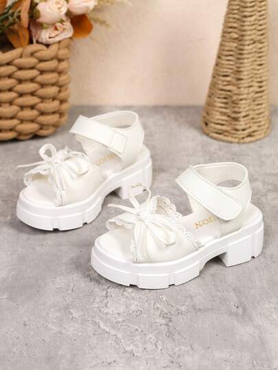 儿童女童白色蕾丝蝴蝶结厚底凉鞋 - 露趾粗跟夏季鞋，可爱公主裙凉鞋，适合幼儿小女孩