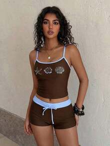 Women's Swimsuit Camisole, Elegant Sexy Ocean Print Lobster Crab Turtle Starfish Hibiscus Triangle Swimwear, Women's Crop Top With Built-In Bra Camisole Set, Suitable For Vacation, Beach, Pool And Sports, Autumn/Winter 2026 Spring/Summer, Music Festival, Basic, Graduation Ceremony, Women's Camisole And Spaghetti Strap Beach Outfit - 棕色 - 查看 4