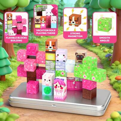 Pink Castle Magnetic Building Blocks Toy Set - Travel Set, Sensory Toy, Halloween, Christmas, Birthday Gift Toy, Perfect Sensory DIY Toy For Boys And Girls, Endless Fun 3+
