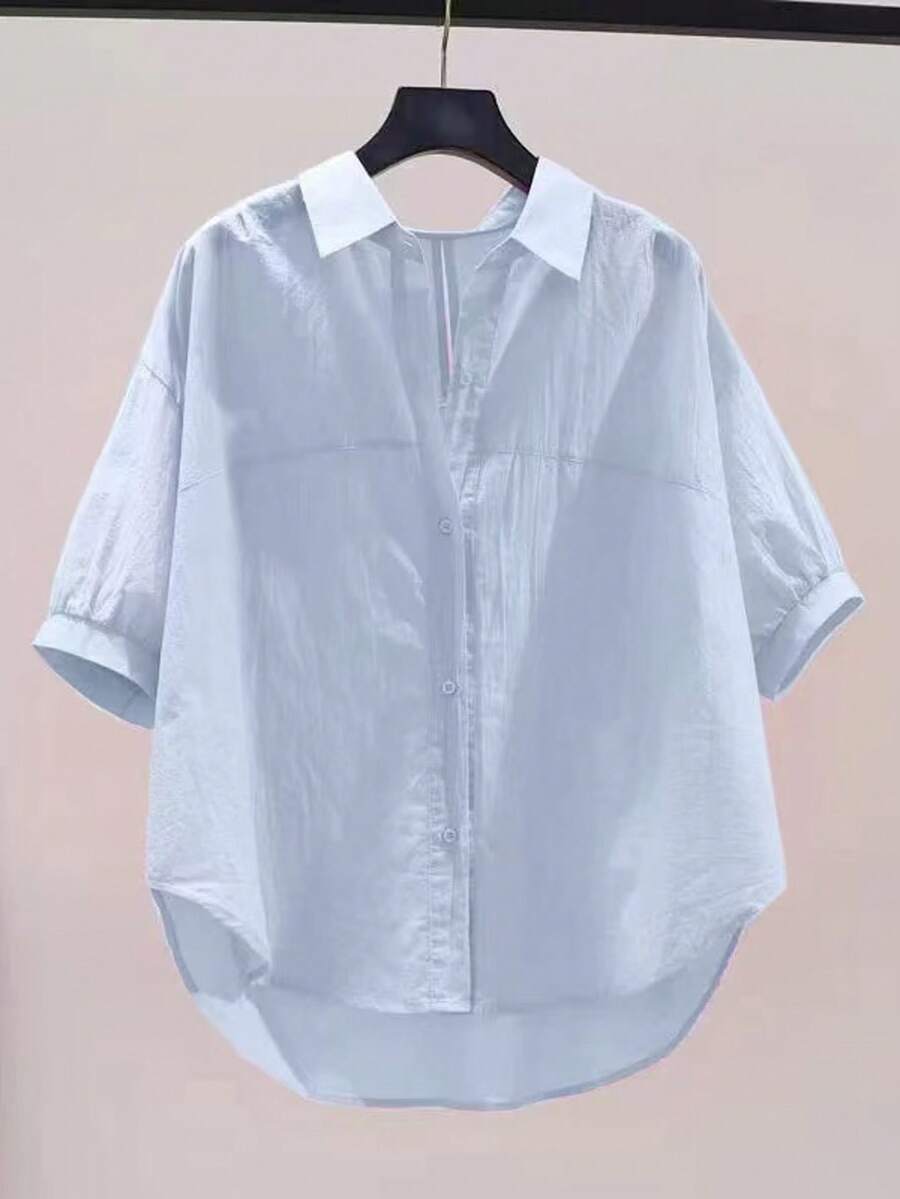 Women's Casual Loose Fit Short Sleeve Shirt, Relaxed Style, Comfortable And Slimming Summer - Light Blue - View 1