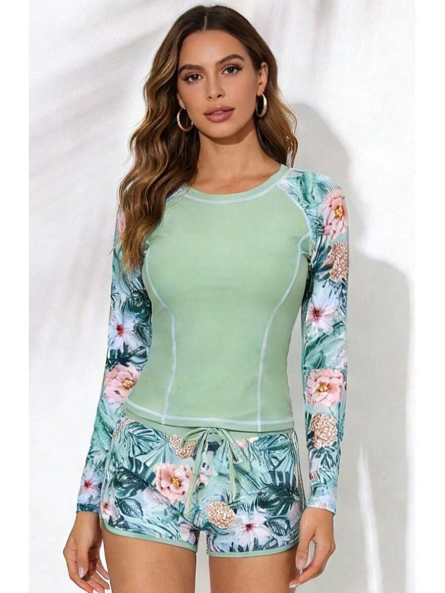 2-Piece Swimsuit Set With Tropical Print, Consisting Of A Long-Sleeved Crew Neck Top And Boxer-Style Shorts, Women's Casual Summer Wetsuit Set, Summer Beach Holidays - màu xanh lá - Xem 1