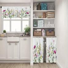 1/2/3pcs Spring Flower Kitchen Window Curtains Valance And Tier Set , Pink And Purple Floral Summer 3pcs Set Short Curtains For Window Treatment Tiers For Living Room Bedroom - 1件-60*18吋(152*46公分) - 查看 2