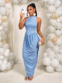 AIJ Amarilo Women's Elegant Light Blue Sleeveless Pleated High-Low Maxi Dress - Suitable For Parties, Graduations, Wedding Guests, Casual Daily And Summer Wear - Blue - View 6