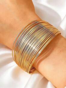 Khuy măng sét nhiều lớp mạ vàng và bạc theo phong cách Y2K, vòng tay dây mảnh thời trang có thể xếp chồng lên nhau, trang sức tối giản cá tính dành cho nữ. - Vàng - Xem 2