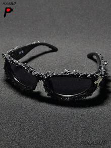 1pc Heart & Cross Rhinestone Embedded Futuristic Punk European And American Party Hip-Hop Fashion Glasses, New Irregular Shape Drip Glue Fashion Glasses, Personalized Street Dark Cyberpunk Fashion Glasses, Large Irregular Frame European And American Dark Street Fashion Personalized Fashion Glasses, UV Protection Holiday Party Drip Glue Goggles, Street Fashion Handmade Drip Glue Spiky Punk Cool Fashion Glasses - Multicolor - View 4
