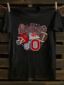Talla Grande - Camiseta con Gráfico de Fútbol Americano Buckeyes para Mujer - Camiseta Casual de Manga Corta con Cuello Redondo y Diseño Buckeyes Go, Transpirable para Verano y Primavera, Ropa de Talla Grande con Temática de Fútbol Americano, Tejido Elástico - Negro - Ver 1