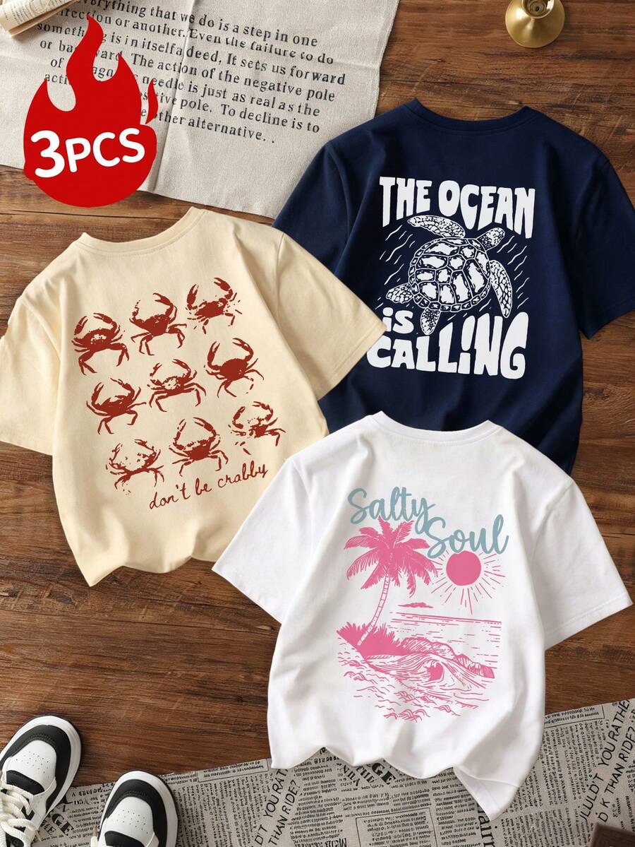 3 pièces/set T-shirts amples à manches courtes pour femmes avec thème océanique. Hauts respirants imprimés avec "mer m'appelle", "Ne sois pas en colère" et "Âme salée". Convient pour les vacances d'été, les fêtes de plage, le port quotidien, parfait pour les temps chauds et les rassemblements décontractés entre filles