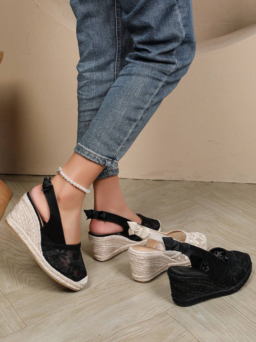 Sandalias de cuña de yute con lazo de encaje transpirable y de moda para mujer