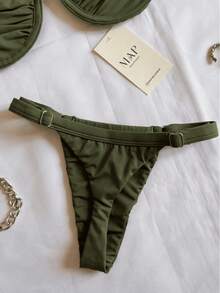 Underwire Bikini With Adjustable Straps And Thong Panties - Military Green Rim - View 2