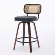 Set Of 3 Bar Stools At Counter Height – 66 Cm High Rattan Counter Stools With Woven Backrest, Upholstered Seat, Walnut Wood Finish, Swivel Counter Stools For Kitchen Island/Counter - Black - View 8