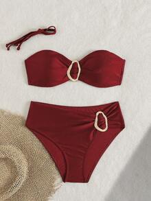 Women's Solid Color Halter Neck Bikini Two Pieces Set, With Metal Accessory In The Middle, Suitable For Island Vacation Beach Summer - Burgundy - View 4