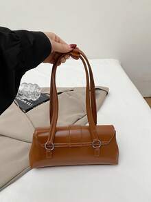 Vintage Style Buckle Rivet Paris Handbag - Glossy Faux Leather Tote - Brown - View 4