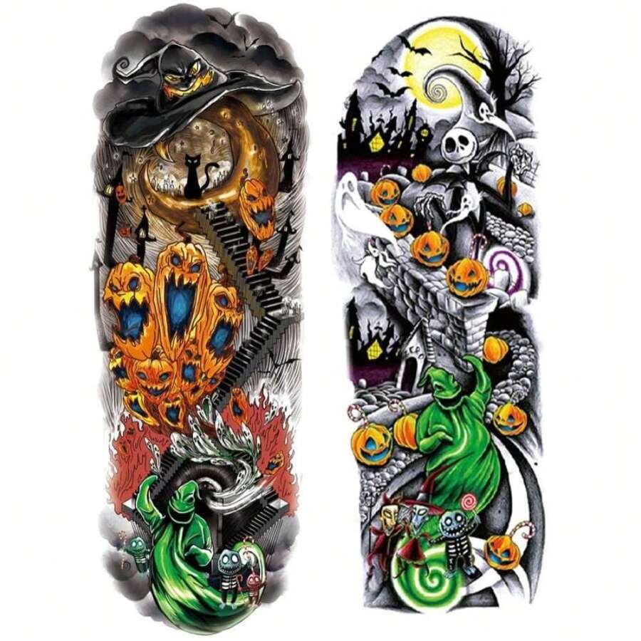 12 Sheets Nightmare Before Christmas Full Arm Temporary Tattoo Stickers, Tumbler Tattoo, Black Body Tattoo Stickers For Kids, Adults,Halloween, Party, Masquerade - White - View 1