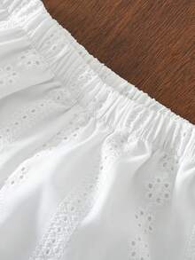 3-7岁女童两件套，包括蕾丝领棕色上衣和镂空刺绣白色裤子，夏季款 - 棕色 - 查看 8