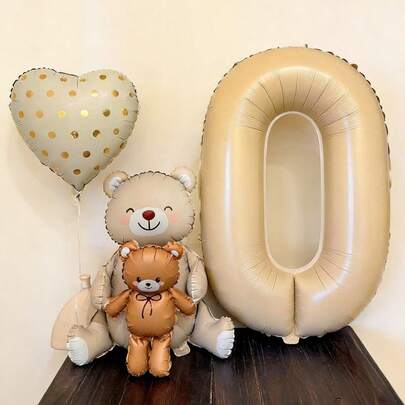 Set de globos de oso marrón, incluye base de montaje y oso de peluche, globos de números de color caramelo (0-9) de lámina, adecuado para decoración de fiesta de cumpleaños, boda, Día de la Madre, decoración de fiesta temática