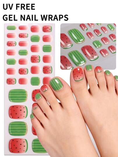 34片春夏红绿流行西瓜图案免UV凝胶脚趾甲贴，清新可爱风格，自粘易贴，适合女性和女孩居家DIY美甲