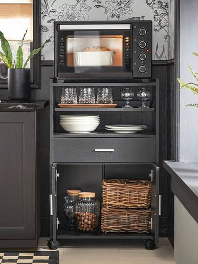  SoBuy FSB09-SCH Kitchen Cabinet, Kitchen Trolley, Black, Approx. 59x92x40cm (WxHxD), Rolling Cabinet, Beverage Trolley, Microwave Cabinet With One Sliding Shelf