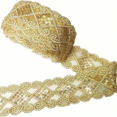 1/5 Yards [Shiny Sequined Lace For Accessories] Shiny Golden/Silvery Sequined Lace Trim, Perfect For DIY Decoration On Clothes, Hats, And Home Accessories