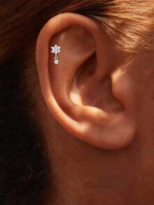 EleRunis 1PC 0.1ct Moissanite Diamond 925 Sterling Silver Flower 18K Gold Plated Flat Back Cartilage Helix Threaded Piercing Fine Jewelry For Daily Wear Wedding Party Engagement Anniversary Valentine's Day - Silver - View 3