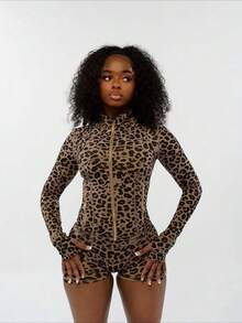 Women's Vintage Leopard Print Tracksuit | High-Waist Stretch Shorts Two-Piece Outfit - 棕色 - 查看 1