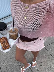 2026春夏新款时尚优雅斗篷式针织罩衫，别致法式纯色休闲约会披肩，沙滩罩衫，度假披肩，粉色披肩，粉色套头针织罩衫，粉色亮片披肩，音乐节上衣，女士演唱会服装，女士邮轮服装，女士外出上衣，女士节日服装，婚礼派对上衣，镂空透视露肩罩衫披肩，女士夏季服装，女士度假服装，女士夜店服装，女士生日服装，夏季上衣 - 粉色 - 查看 6