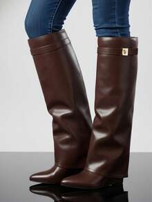 Womens New Fashionable Fold Over Boots Pointed Toe Wedge Heel Pull On Knee High Boots For Women Wide Calf With Side Zipper Padlock Design Cuffed Covered Vintage Fashion Wedding Slip On Party Shoes Work Business Casual Brown Shark Booties Easter Gift Spring Festival Summer Boots Leather Folded Booties Shoes - 棕色無扣 - 查看 4