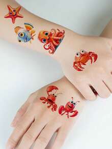 Glitter Temporary Tattoo Stickers, 12 Sheets Of Cartoon Marine Life Series, 150 Cute Dolphins, Sharks, Jellyfish, Starfish, Octopus, Crab, Fish, Ocean Elements Patterns, Body And Arm Art Makeup Tattoo Stickers, Waterproof And Lasts 2-5 Days - Multicolor - View 8