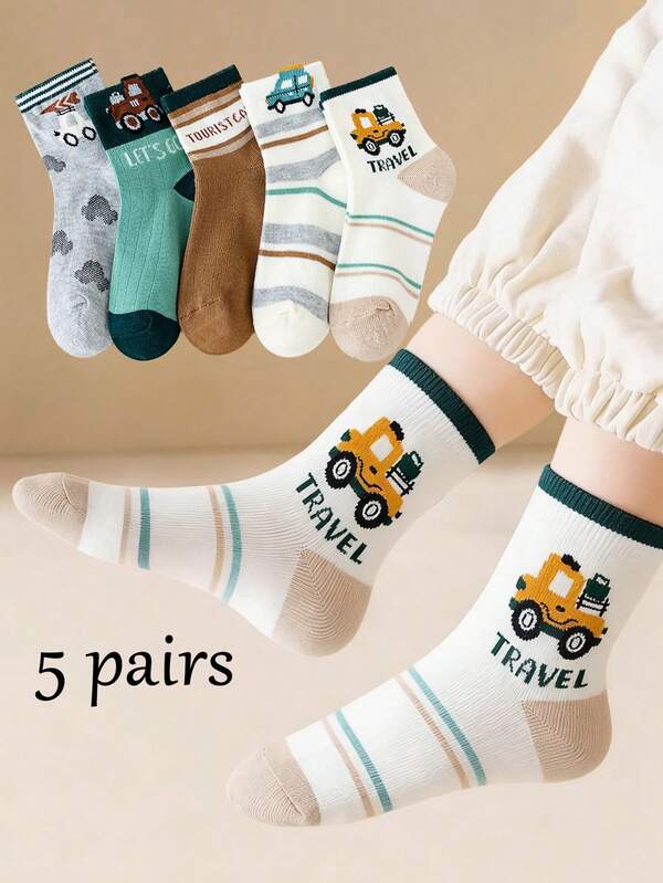 5 Pairs Cute Cartoon Car Pattern Breathable Odor-Resistant Children's Socks, Suitable For Spring, Summer And Autumn